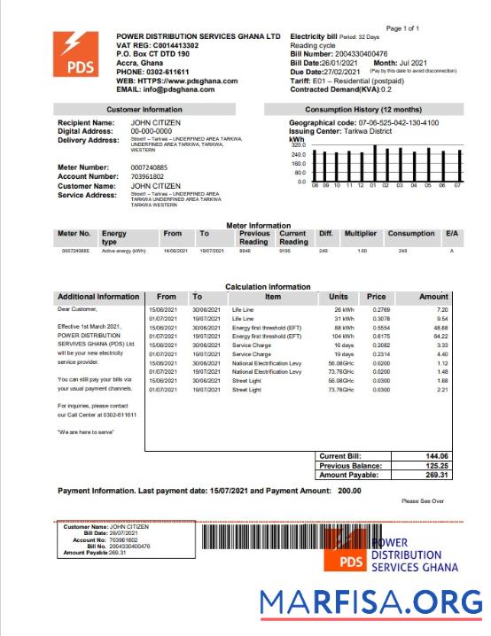 Realistic Ghana PDS electricity utility bill template